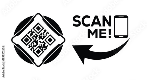 Black and white QR code with bold "SCAN ME" text, smartphone icon, and curved arrow—ideal for mobile interaction, digital marketing, and tech-themed promotional materials.