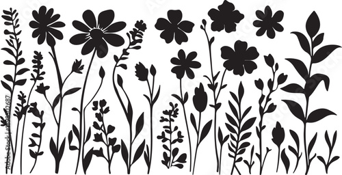 Vintage seamless vector pattern featuring a damask floral design with black and white flower silhouettes, elegant leaf ornaments, and nature elements for a retro wallpaper texture