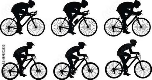Cyclist silhouette vector set, road bike and mountain bike riders collection, black figures isolated on white, sport racing, active lifestyle, transportation icons.
