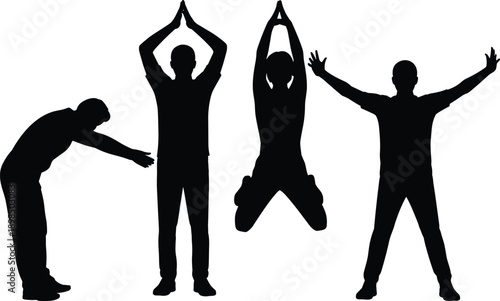 Man stretching and jumping silhouette set showing fitness, exercise and warm up poses in black illustration