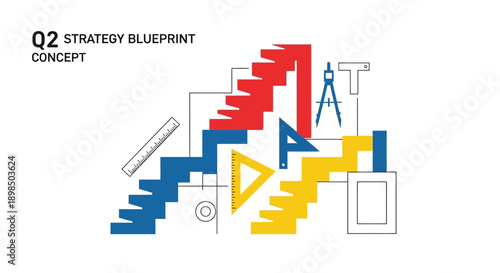 Q2 Strategy Blueprint Concept. Geometric Growth Steps and Planning Tools Illustration for Quarterly Business Goals and Project Development.