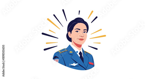 Confident Female Military Officer Vector Portrait. Smiling Woman in Blue Uniform, symbolizing empowerment, leadership, and professional success.