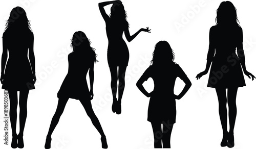 Fashion woman silhouette collection, young girl model vector set, lady posing in short dress, party style illustration, female figure, isolated white background.