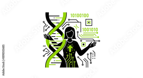 Digital Genetics and Biotechnology Icon. Woman Integrating DNA, Binary Code, and Circuitry. Genomics, Biohacking, and Personalized Medicine Concept Vector.