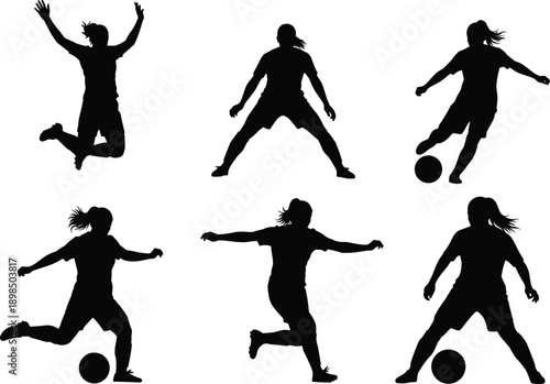 Female soccer player silhouette collection, woman football team vector set, girl athlete jumping kicking ball, sport game illustration, isolated white background, active lifestyle.