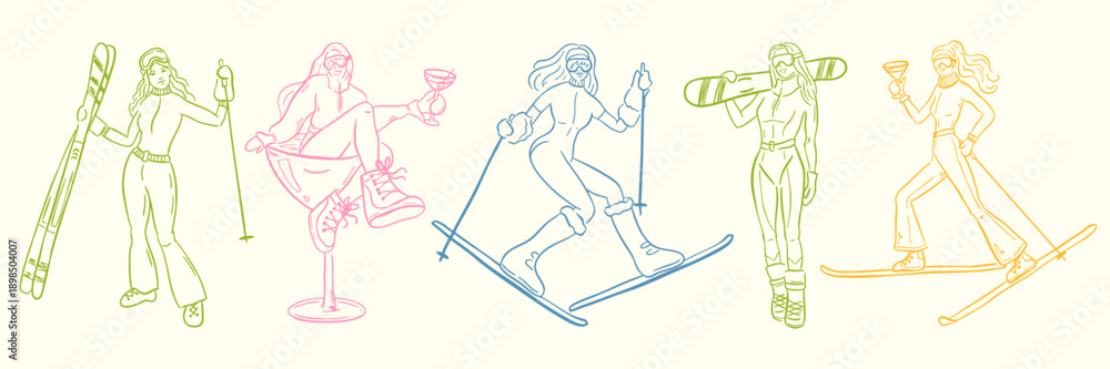 Obraz premium Hand drawn winter skier and apres ski illustration set in whimsical doodle style. Includes skiers, snowboard, clothing, equipment, cocktails and holiday elements. Cute line art, vintage look, isolated