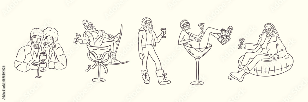 Fototapeta premium Hand drawn winter skier and apres ski illustration set in whimsical doodle style. Includes skiers, snowboard, clothing, equipment, cocktails and holiday elements. Cute line art, vintage look, isolated