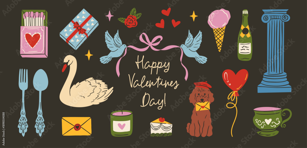 Obraz premium Cute coquette doodle illustration set for Valentine’s Day, weddings and love events. Hand drawn hearts, bows, rings, flowers, drinks and desserts. Whimsical vintage style, trendy feminine design