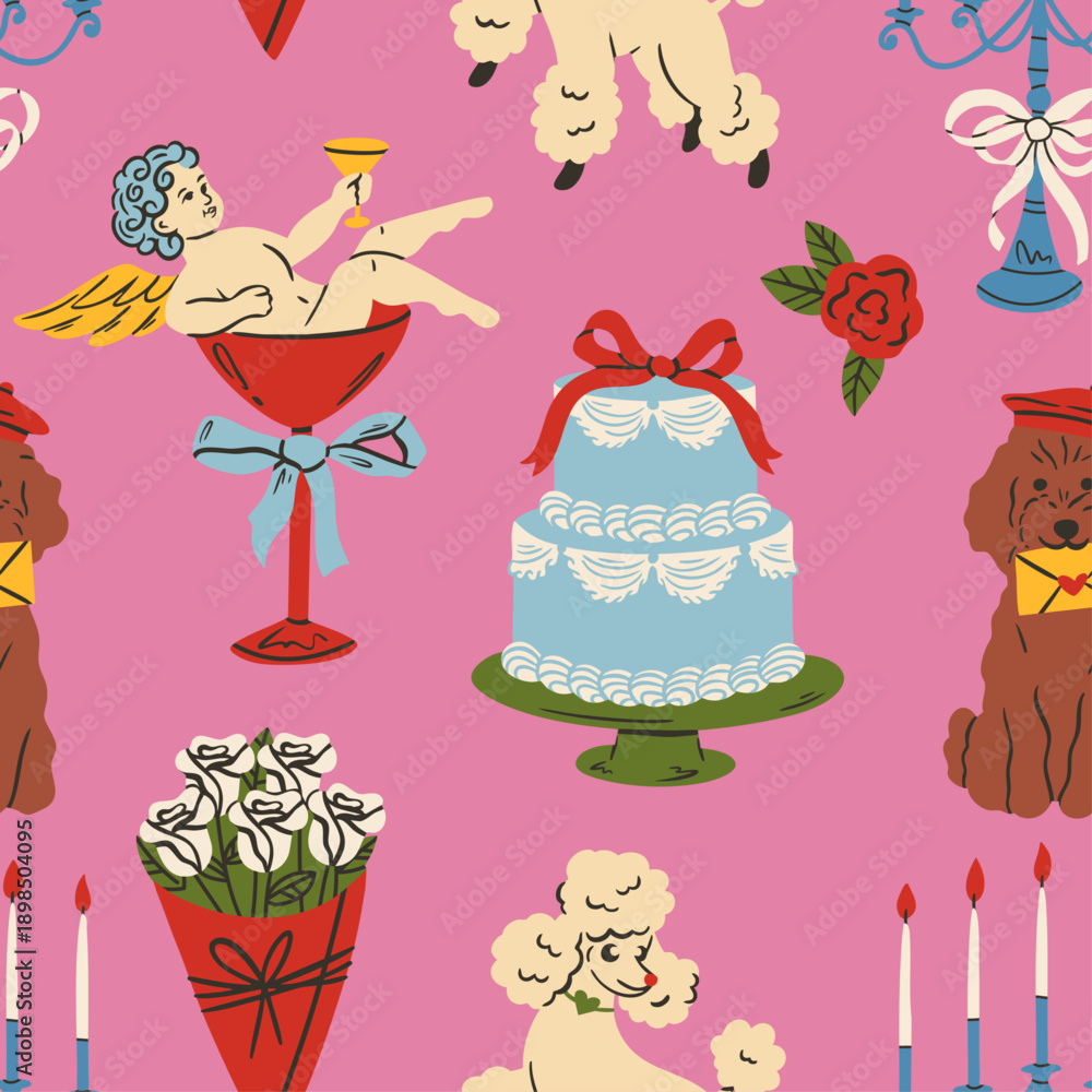 Fototapeta premium Seamless romantic doodle pattern with hearts, bows, doves, cakes and drinks. Cute vintage coquette illustration for Valentine’s Day, weddings and gifts. Trendy feminine design for wallpaper.
