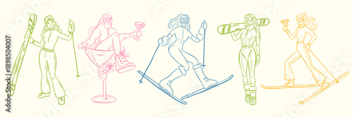 Hand drawn winter skier and apres ski illustration set in whimsical doodle style. Includes skiers, snowboard, clothing, equipment, cocktails and holiday elements. Cute line art, vintage look, isolated
