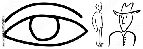 Minimalist eye graphic, standing man silhouette, cowboy hat figure, style, hand drawn vector, isolated characters, cartoonish design.