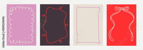 Set of elegant whimsical hand drawn spring frames with wavy squiggle curly ribbons in trendy, vintage styles. Perfect for quirky holiday, wedding, bachelorette invitation