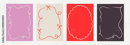 Set of elegant whimsical hand drawn spring frames with wavy squiggle curly ribbons in trendy, vintage styles. Perfect for quirky holiday, wedding, bachelorette invitation