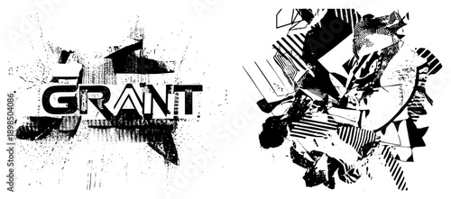 Stylized name "GRANT" with fragmented halftone shapes, graphic glitch art, bold typography, abstract composition, vector design.