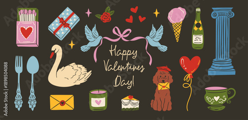  Cute coquette doodle illustration set for Valentine’s Day, weddings and love events. Hand drawn hearts, bows, rings, flowers, drinks and desserts. Whimsical vintage style, trendy feminine design