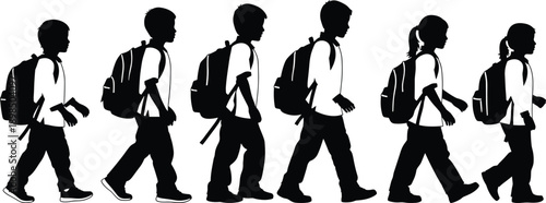 Group of school children silhouettes walking in a line with backpacks, vector illustration isolated on white background, education concept for back to school.