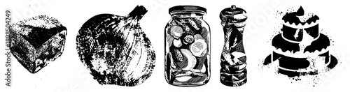 Halftone rendered bread, onion, jar of pickles, pepper mill, and layered cake, stylized vector art, food, kitchen essentials.