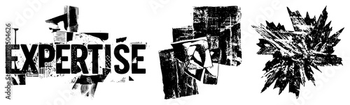 "EXPERTISE" in distressed, high contrast typography with fragmented geometry and explosion motif.