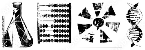 Black and white halftone vector of lab flask, abacus, radiation symbol, DNA helix educational science graphics, academic tools, STEM visual aids.