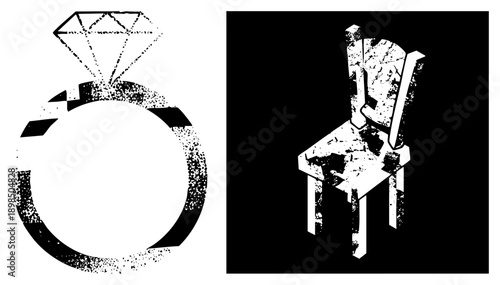 Black and white vector graphics of diamond ring and chair with halftone texture, isolated design elements, graphic art for branding or UI.