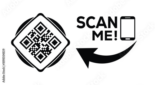 Black and white QR code with bold "SCAN ME" text, smartphone icon, and curved arrow—ideal for mobile interaction, digital marketing, and tech-themed promotional materials.