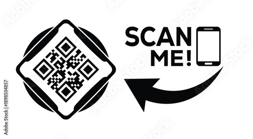 Black and white QR code with bold "SCAN ME" text, smartphone icon, and curved arrow—ideal for mobile interaction, digital marketing, and tech-themed promotional materials.