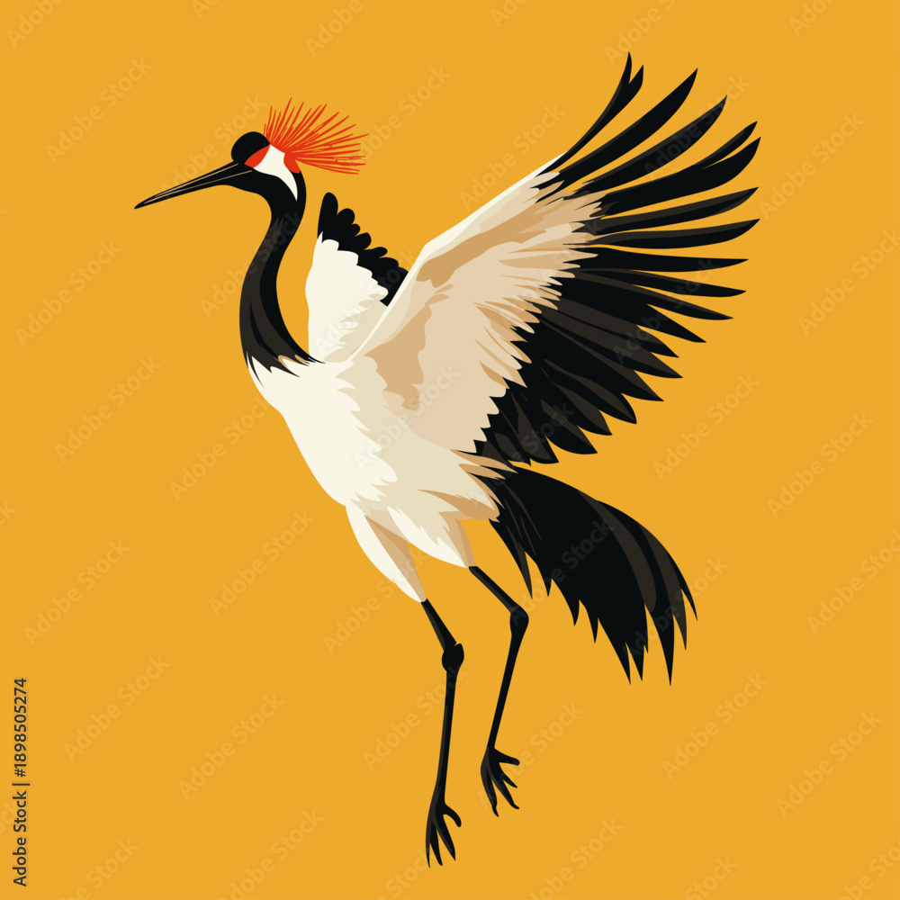 Obraz premium Elegant Flying Crane Against a Bright Yellow Background