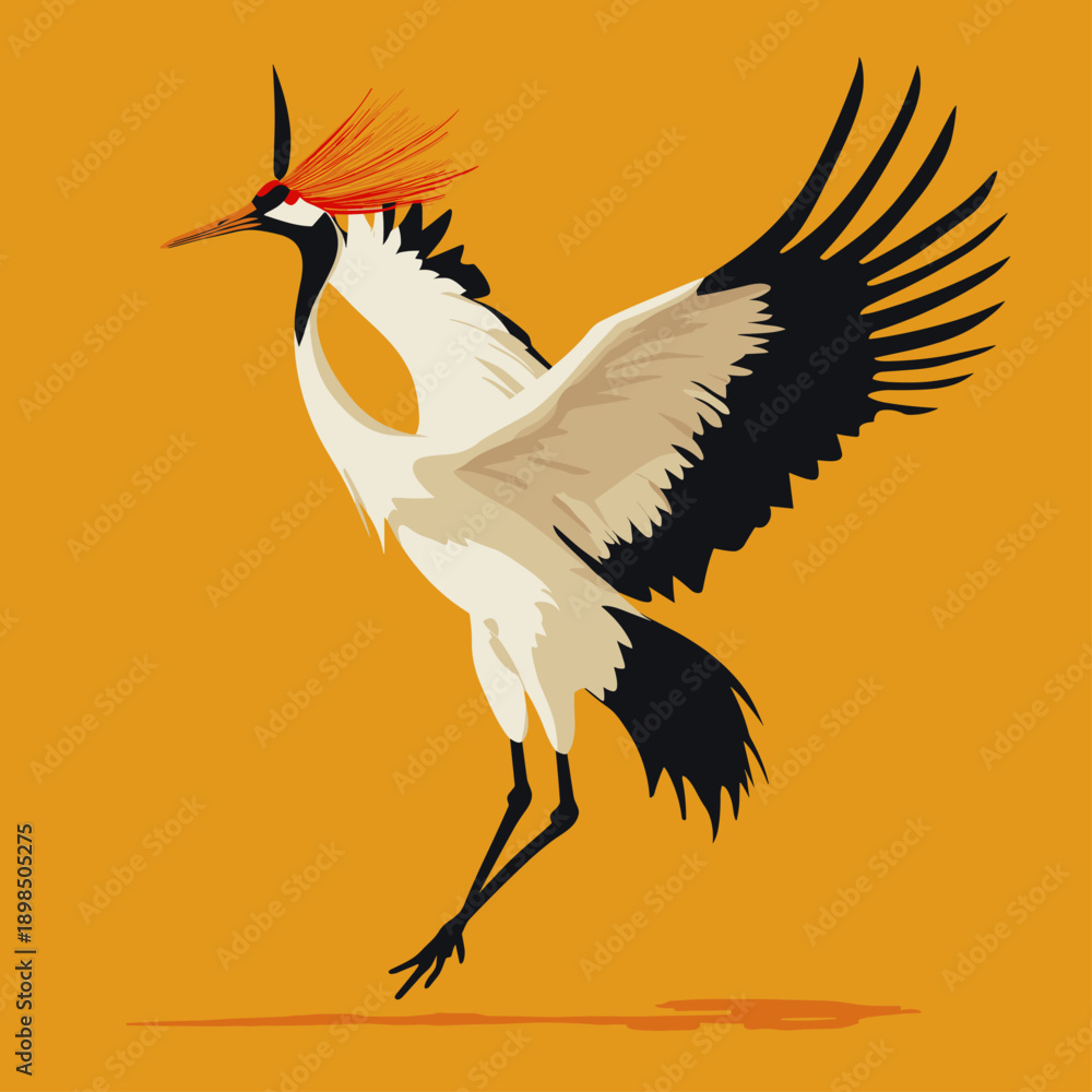 Obraz premium Elegant Flying Crane Against a Bright Yellow Background