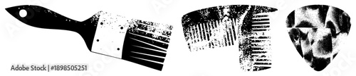 Black and white grunge halftone vector of paintbrush, comb, and guitar pick, isolated graphic elements, artistic stencil style, design.