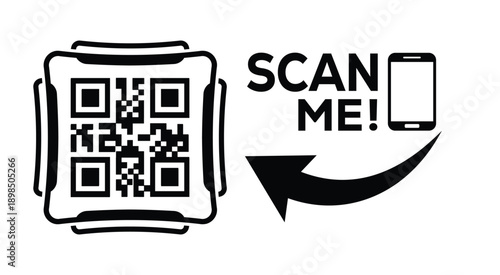 Black and white QR code with bold "SCAN ME" text, smartphone icon, and curved arrow—ideal for mobile interaction, digital marketing, and tech-themed promotional materials.