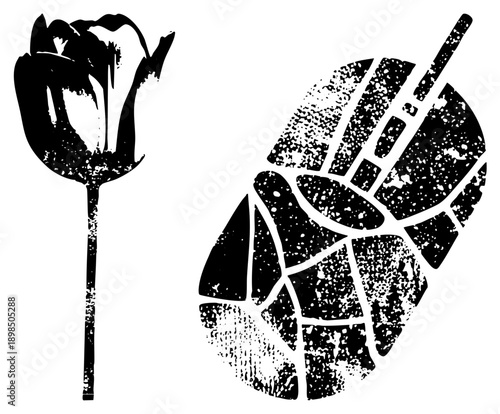 Black and white vector art of a rose bud and shoe print, distressed texture, graphic design elements, isolated foreground, halftone effect, artistic stencil style.
