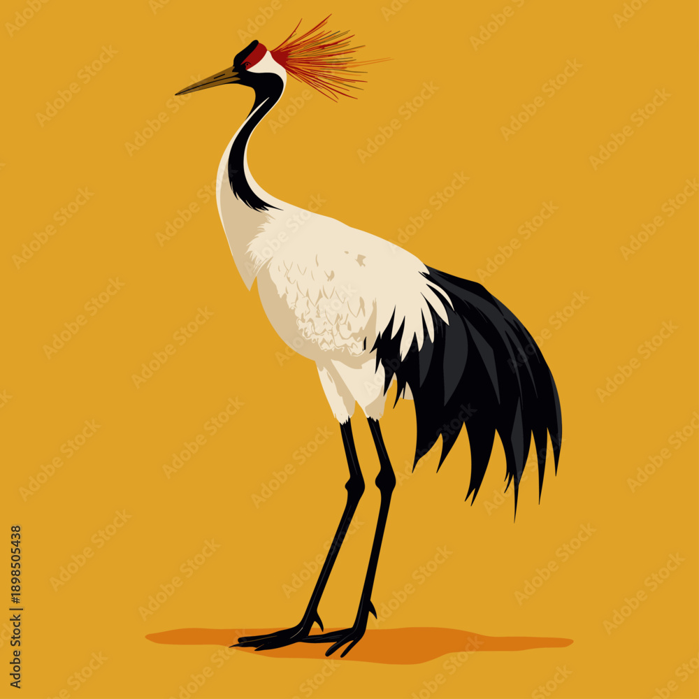 Obraz premium Elegant Flying Crane Against a Bright Yellow Background