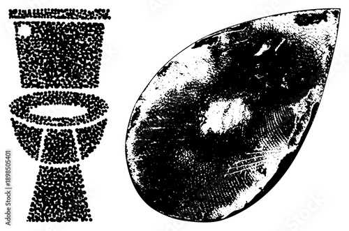 Toilet formed from dense halftone dots, teardrop stone with textured dot shading, vector graphic, black and white, isolated foreground elements.