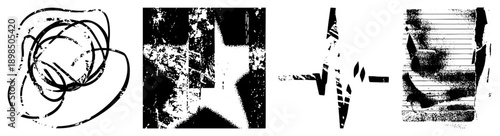 Fragmented black and white graphic with distressed textures, overlapping organic and angular forms, gritty aesthetic, vector art, digital glitch effect.