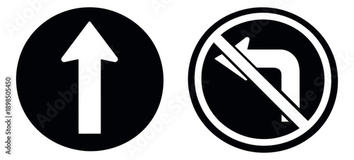 Traffic sign icon set featuring an upward arrow and a no left turn symbol for road navigation