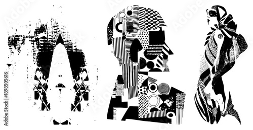 Stylized human figures composed of fragmented shapes, halftone textures, and graphic, vector art, isolated cutout, modern design.