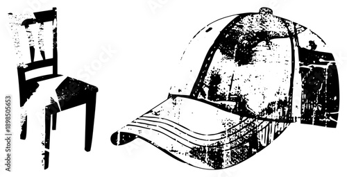 Distressed chair and cap graphic, urban streetwear accessories, gritty design, retro fashion items, stylized silhouette art.