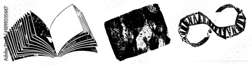 Vintage grunge style open book, weathered stone tablet, DNA helix. vector graphics with distressed texture. Educational, scientific, or literary themes.