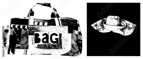 Black and white halftone duffel bag with “BAG” text and cowboy hat cutout, vector art, isolated graphic elements, punk style, retro print aesthetic.