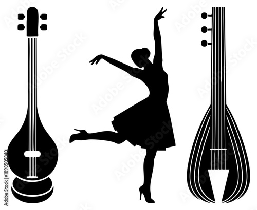 Ballet dancer in mid pose flanked by stringed instruments, silhouette art, performance graphic, musical expression, dance and music fusion.