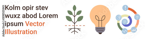 Sustainability, creativity, workflow, renewable energy, teamwork, ecological growth. A plant, lightbulb and circular diagram. Sustainability and creativity through visuals of growth and ideas