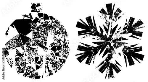 Geometric broken sphere and radial explosion shapes, fragmented vector art, glitched texture, design, digital abstract forms.