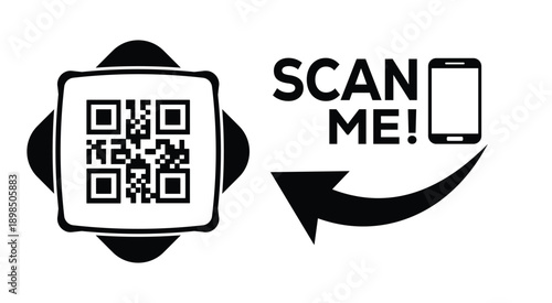 Black and white QR code with bold "SCAN ME" text, smartphone icon, and curved arrow—ideal for mobile interaction, digital marketing, and tech-themed promotional materials.