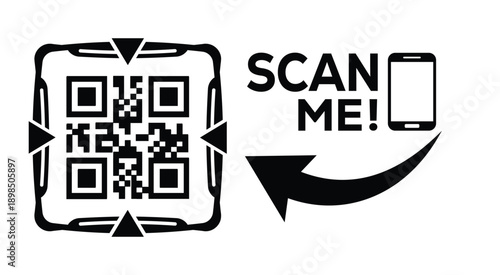 Black and white QR code with bold "SCAN ME" text, smartphone icon, and curved arrow—ideal for mobile interaction, digital marketing, and tech-themed promotional materials.