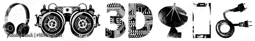 Digital symbols like headphones, goggles, 3D, satellite, phone, plug, stylized as circuit boards, tech graphic, digital interface, electronic components.
