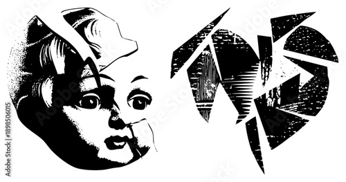 Stylized broken face with halftone texture, abstract geometric, graphic art, vector illustration, pop art influence, design, fragmented portrait.