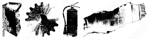 Mechanical gear wheel, fire safety extinguisher, industrial tube with texture, vector, halftone style, technical illustrations, equipment symbols.