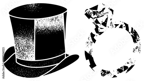 Classic top hat with textured shading, broken ring with fragmented design, vector art, vintage fashion accessory, symbolic jewelry piece.