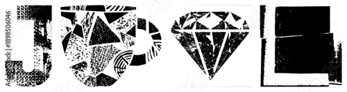 Stylized black and white letterforms with distressed texture, geometric coffee mug, faceted diamond, abstract shapes, vector art, halftone effect, isolated foreground elements.
