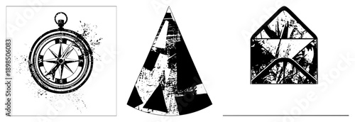 Antique navigation tool with cardinal points, distressed ink splatters, weathered texture, gear, orienteering instrument.